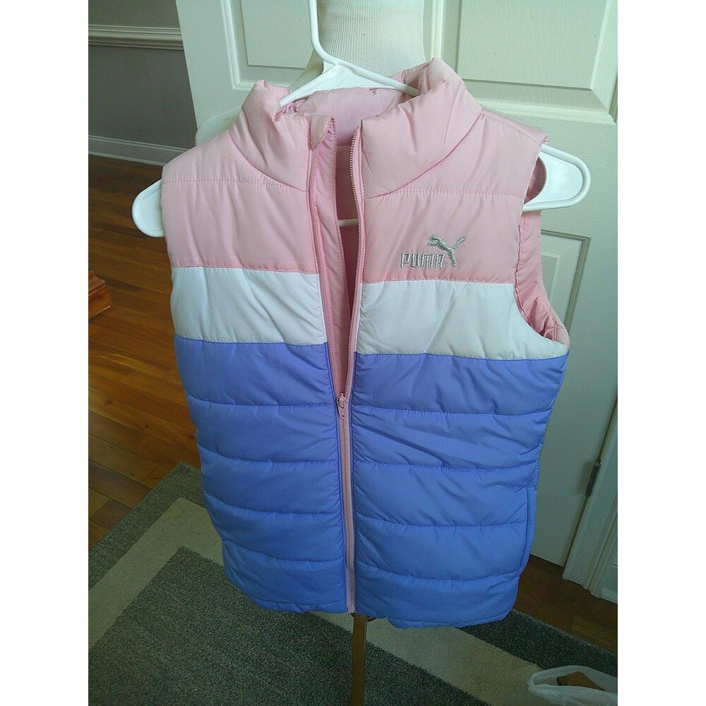 PUMA Girls Puffer Vest Pink Blue White Full Zip Embroidered Logo Size 10/12